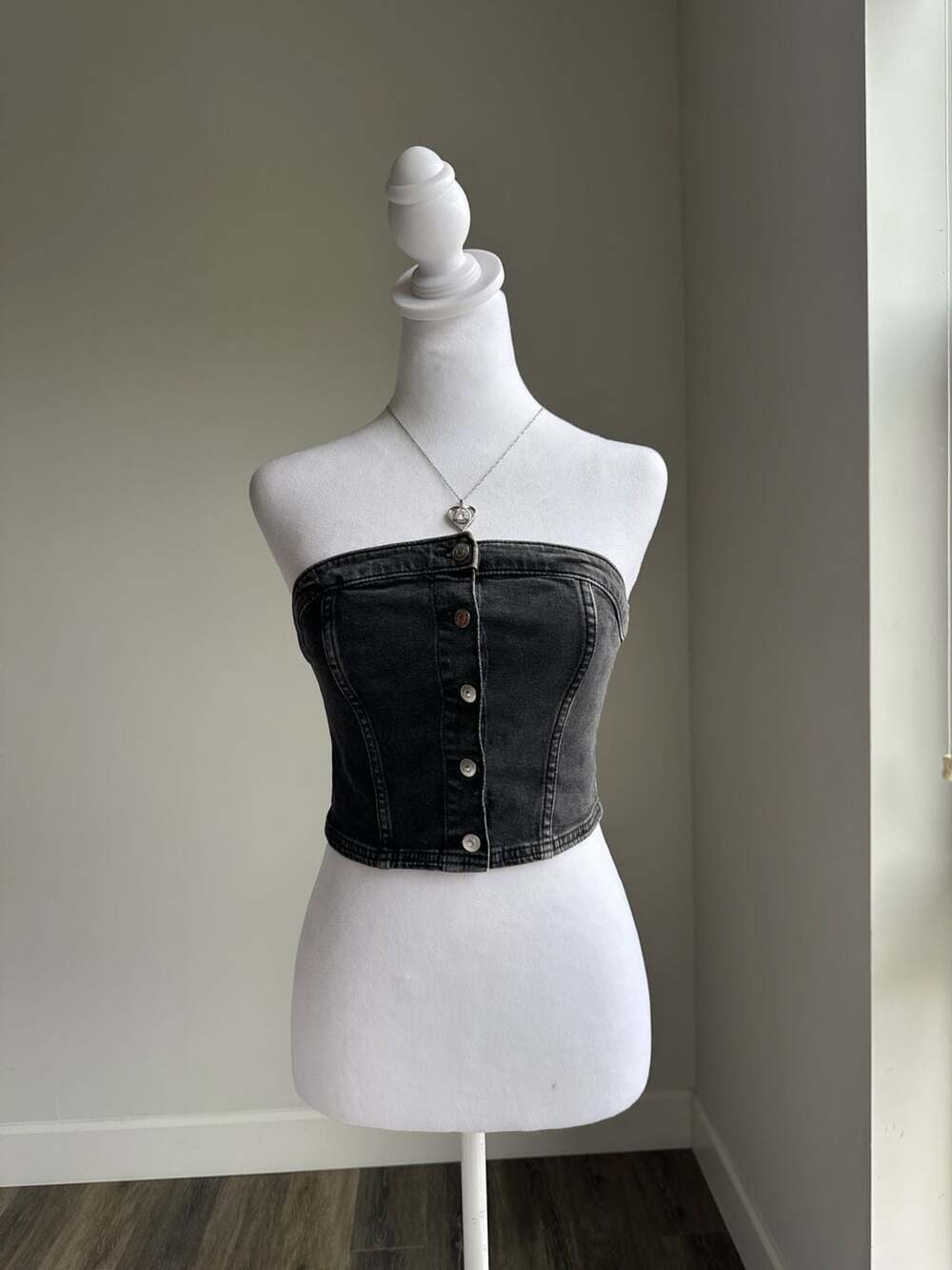 H&M Divided Black Washed Denim Button Down Tube Top Corset Size S